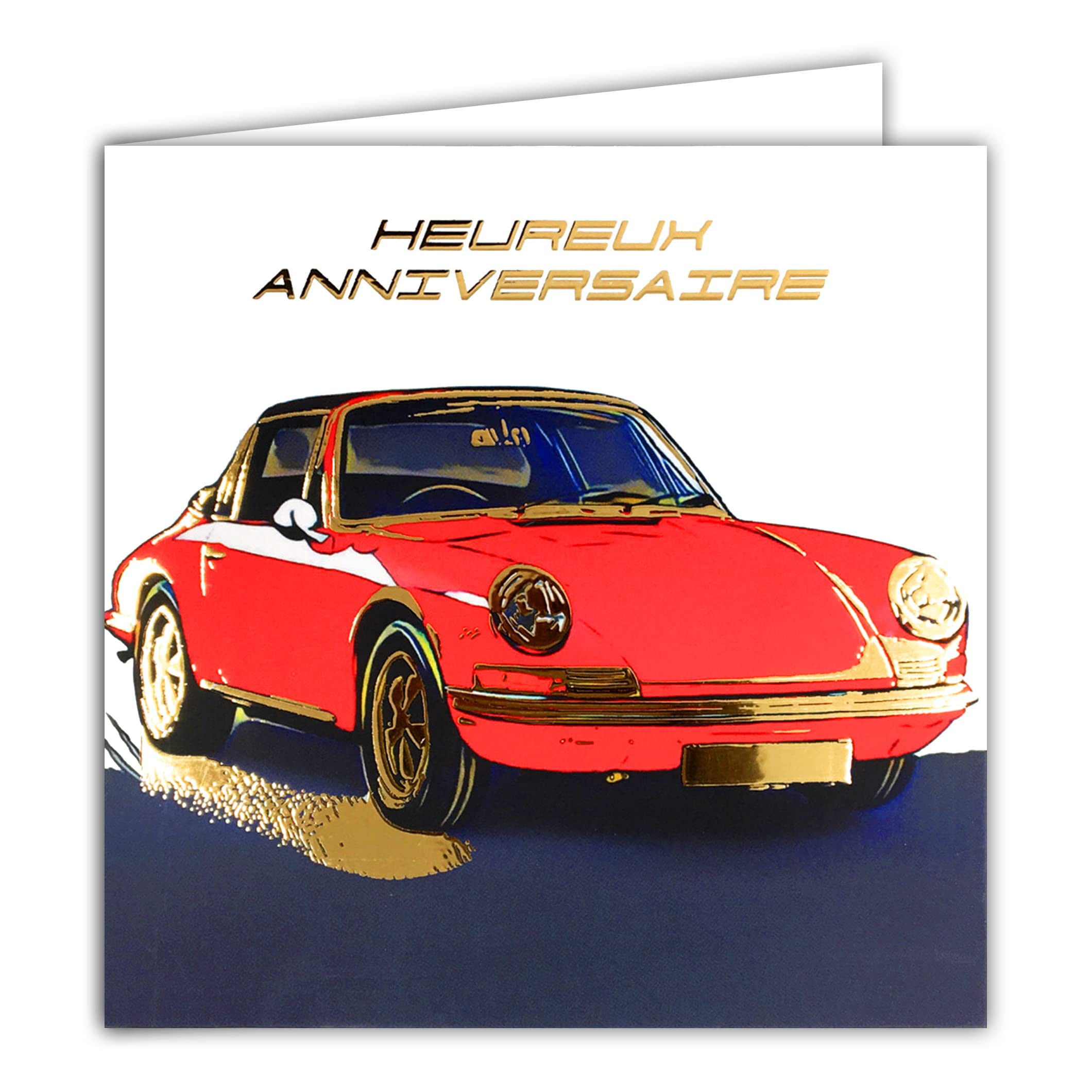 Afie 22078 Square Card with Envelope 15 x 15 cm Happy Anniversary Car Red and Gold Shiny German Mechanical Sport GT1 LMP2 for Men Boy Men - Made in France