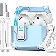 R-fun Compatible with AirPods 4th Gen Case, Full Drop Protection Auto Pop-Up Lid and Lock Design with Cleaner Kit and Keychain for AirPods 4 2024-Sky Blue
