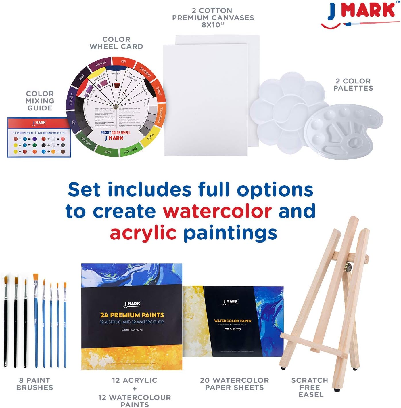 Acrylic and Watercolor Paint Set Supplies – 40-Piece Art Canvas Painting Kit for Adults Includes Wood Easel 2 Canvases 8x10 inch, 24 Paints, Watercolor Paper, 8 Brushes, 2 Palettes, Color Mixing Guide