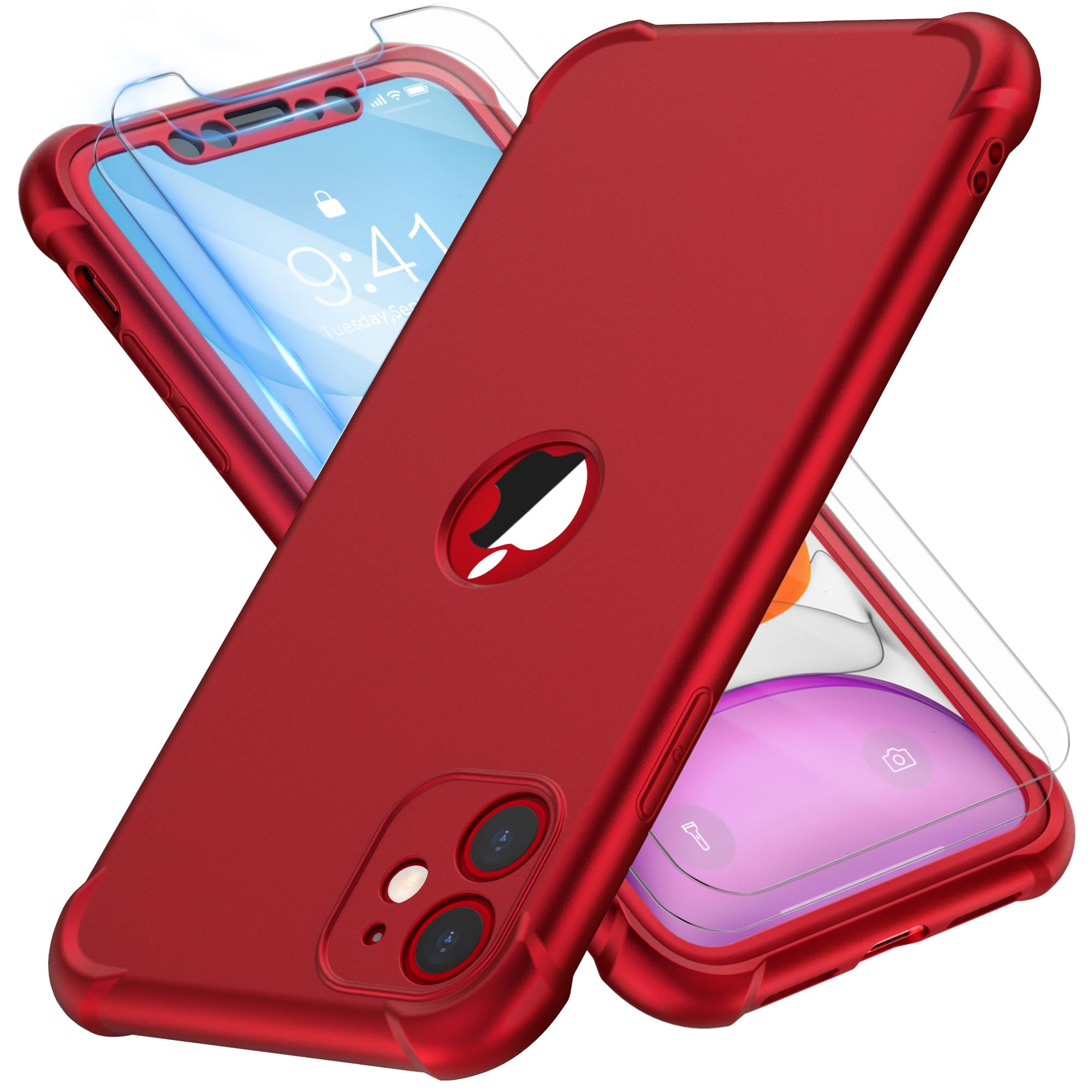 ORETECH for iPhone 11 Case, with [ 2 x Tempered Glass Screen Protector] 360 Shockproof Heavy Duty Protection Ultra Thin Hard PC Silicone TPU Rubber Bumper Cover for iPhone 11(2019) - Red
