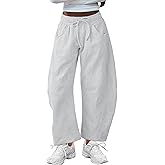 SeekMe Women's Barrel Leg Sweatpant Drawstring Elastic Waisted Wide Leg Pants Casual Cotton Palazzo Trousers with Pockets