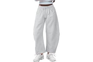 SeekMe Women's Barrel Leg Sweatpant Drawstring Elastic Waisted Wide Leg Pants Casual Cotton Palazzo Trousers with Pockets
