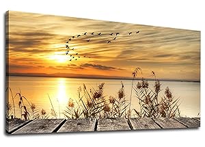 yearainn Canvas Wall Art Sunset Lake Dock Fall Nature Picture 24" x 48" Old Wooden Bridge Reeds Birds Flying Shore Dusk Landscape Canvas Artwork for Bedroom Living Room Home Kitchen Office Wall Decor