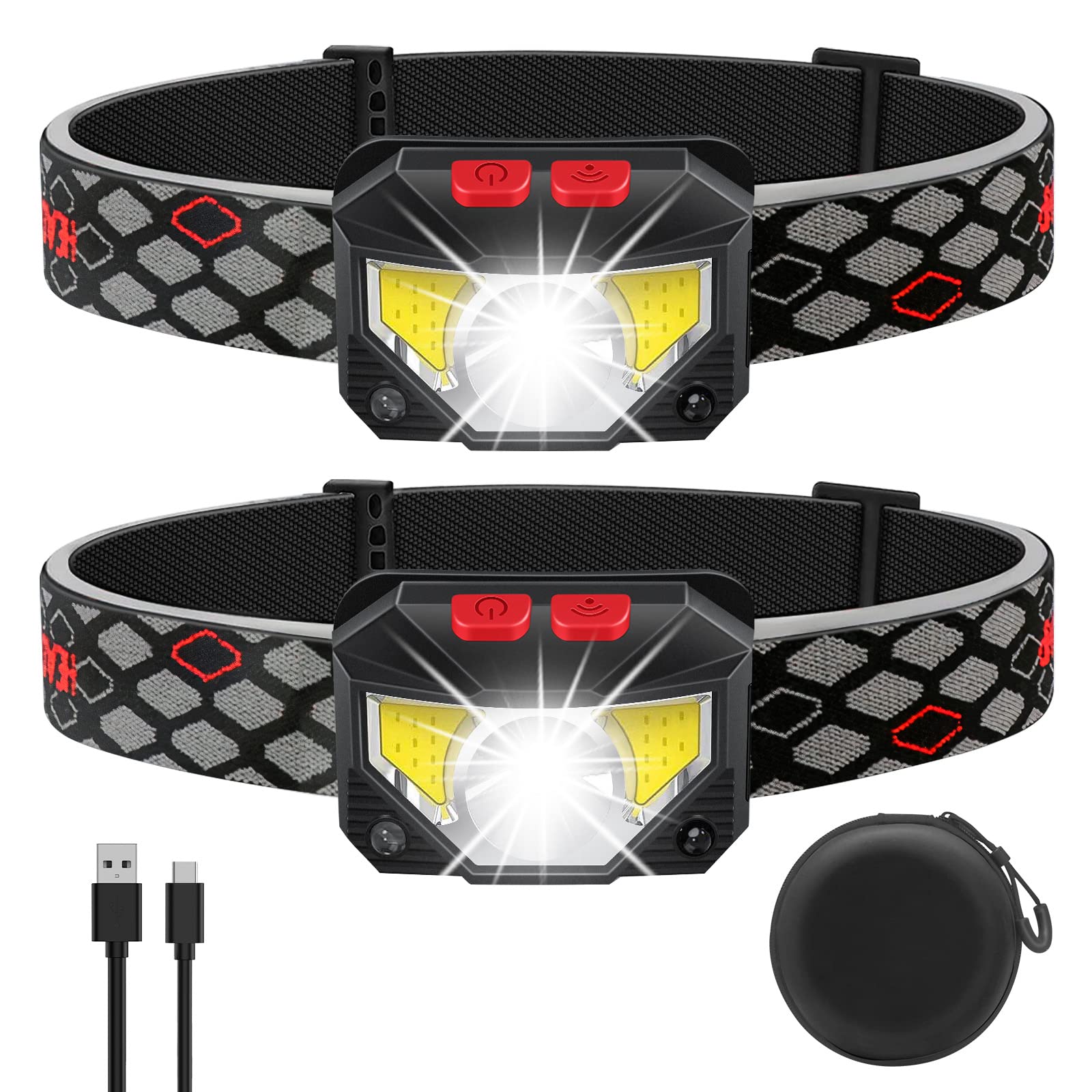 kucoal LED Head Torch, 800 Lumen Super Bright LED Rechargeable Headlamp with White Red Light, 2-Pack Waterproof Motion Sensor Headlights, 8 Modes for Outdoor Camping Cycling Running Fishing