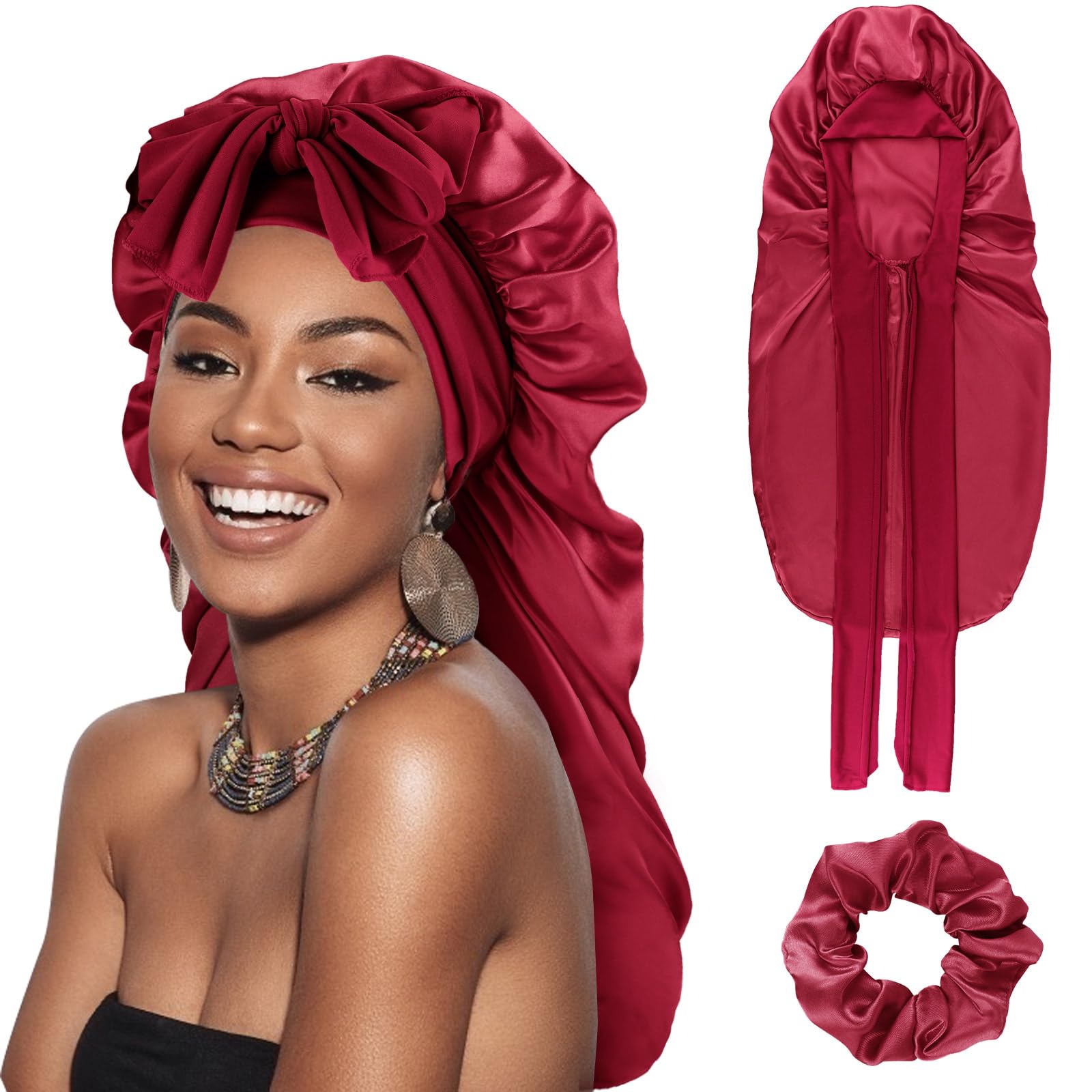 DRESHOW Long Satin Braid Bonnet for Women Silk Bonnet for Sleeping Sleep Cap with Elastic Tie Band Night Cap for Long Curly Hair Locs