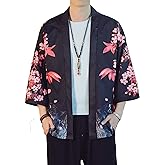 PRIJOUHE Men's Lightweight Kimono Jacket Seven Sleeve Open Front Cardigan Coat Japanese Style Bathrobe