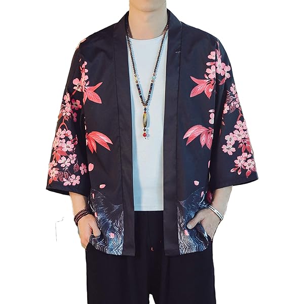 PRIJOUHE Kimono Uomo Giapponese - Giacca Con Pantaloncini Larghi - Set 2 Pezzi - Maniche Sette - Nero Taglia M