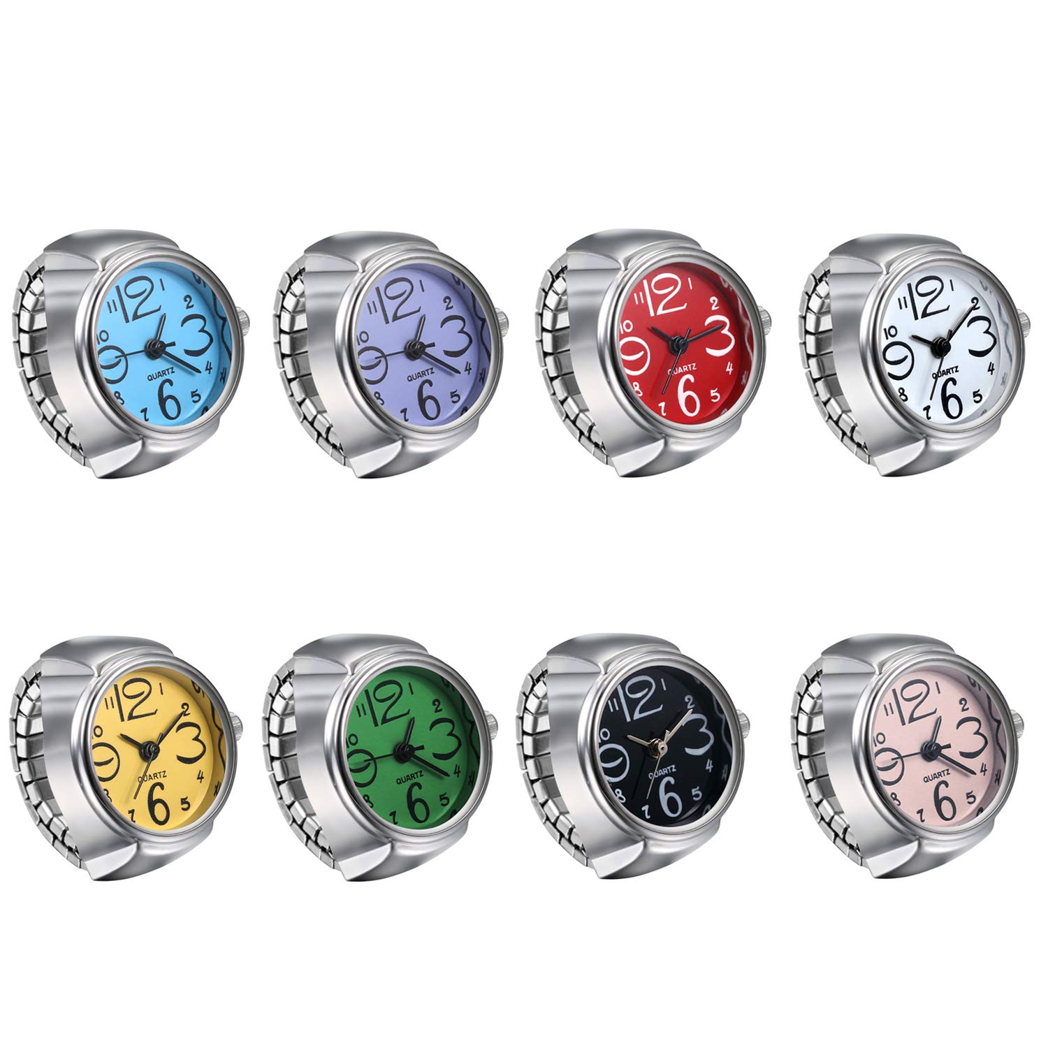 JewelryWe 8pcs Men Women Finger Watch Creative Elastic Round Quartz Finger Ring Watches