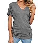 LYOYE Women's V Neck Tunic Tops Short Sleeve T shirts with Side Shirring Ruched Blouse shirts