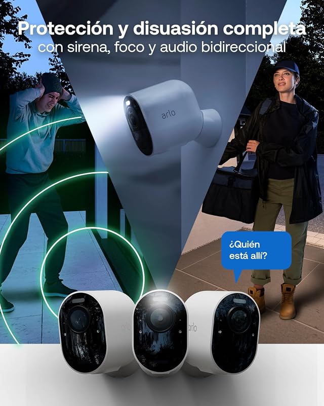 Pro 6, WiFi 2K+ HDR Câmara de vigilância exterior, reconhecimento por IA, visão noturna a cores, funciona com Alexa, Arlo Secure Test incluído, 4 câmaras + 1 bateria adicional e carregador duplo