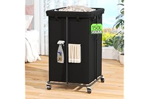 OLLDIDE 150L Laundry Hamper with Wheels, Rolling Laundry Basket with Metal Frame and Removable Bag, Large & Tall Dirty Clothes Hampers for Bedroom Aesthetic, Laundry Room, Bathroom, Dorm-Black