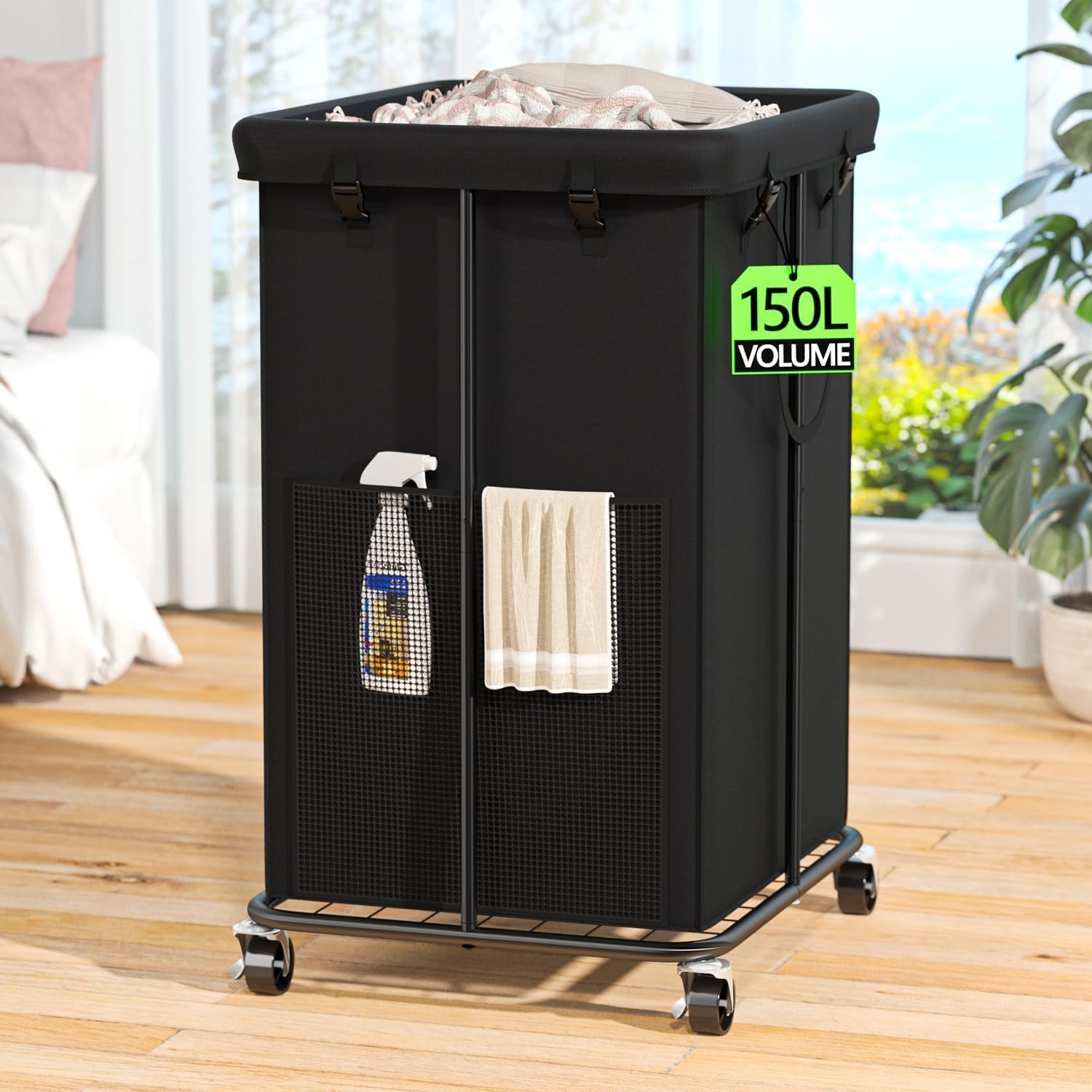 Photo 1 of 150L Laundry Hamper with Wheels, Rolling Laundry Basket with Metal Frame and Removable Bag, Large & Tall Dirty Clothes Hampers for Bedroom Aesthetic, Laundry Room, Bathroom, Dorm-Black