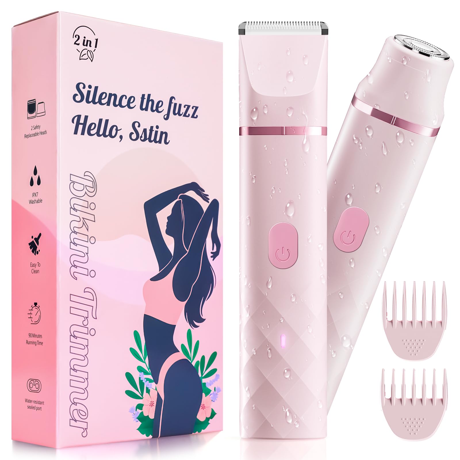 Photo 1 of Bikini Trimmer for Women, IPX7 Waterproof, Painless Rechargeable Electric Razor Remover, 2-in-1 Facial & Pubic Hair Removal for Sensitive Skin, Portable Travel Size, Valentines Day Gifts for Her, Pink