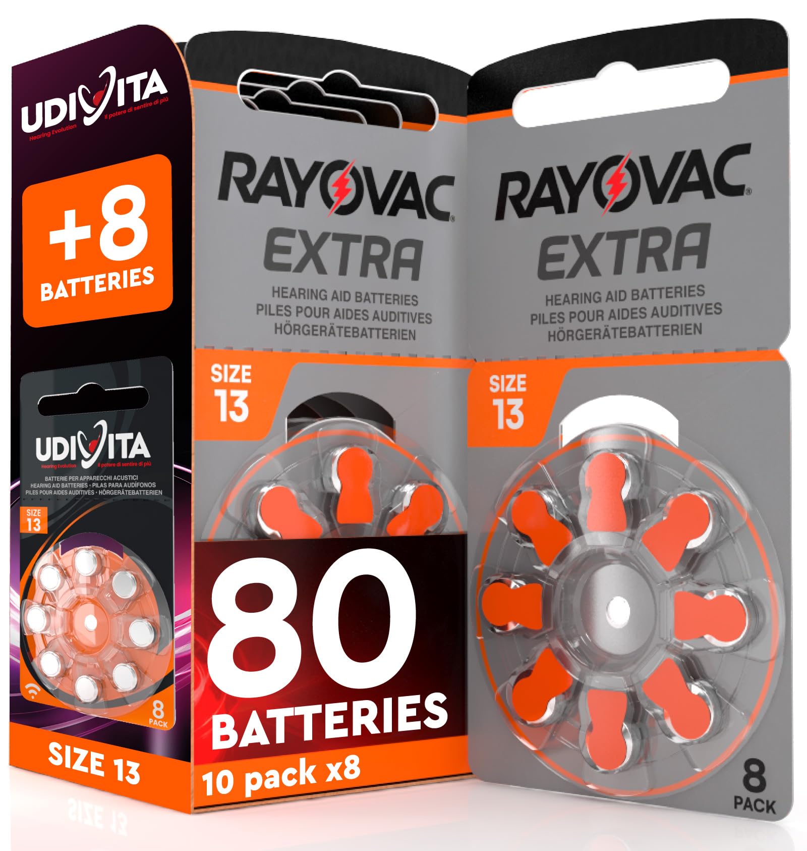 80 batteries for Rayovac Extra 13 hearing aids + 8 Udivita batteries - 10+1 blister of 8 button cells