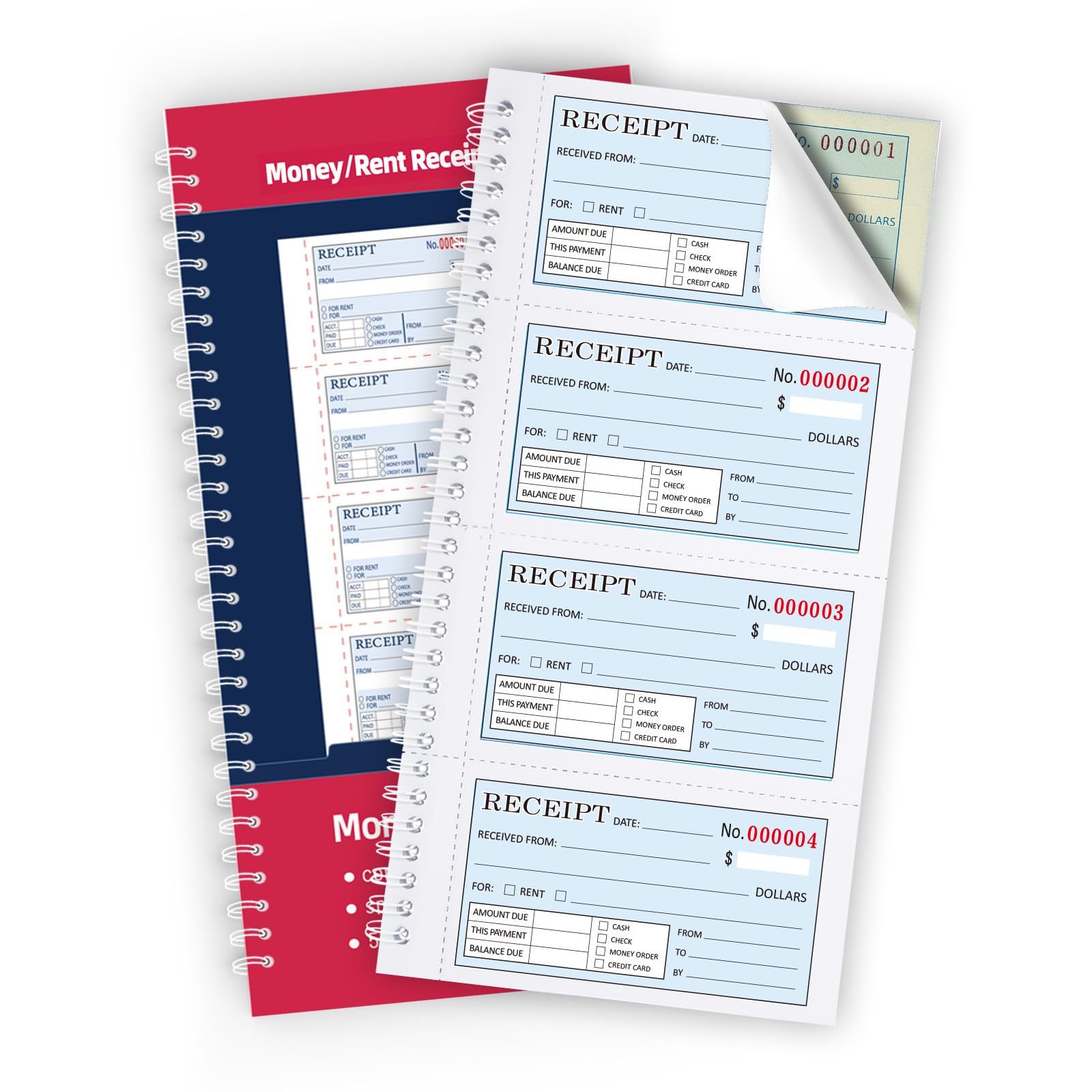 Photo 1 of Zzrywuty Money and Rent Receipt Book with Cardboard Insert,2-Part Carbonless,5.3”x11.2” Spiral Bound,200 Sets per Book,4 Receipts per Page for Office Supplier,Rent and Cash Transaction