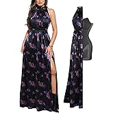 Popilush Wedding Guest Dress Formal Dresses for Women Shapewear Bodycon Long Cocktail Maxi Dresses Fall Halter Flower-Print