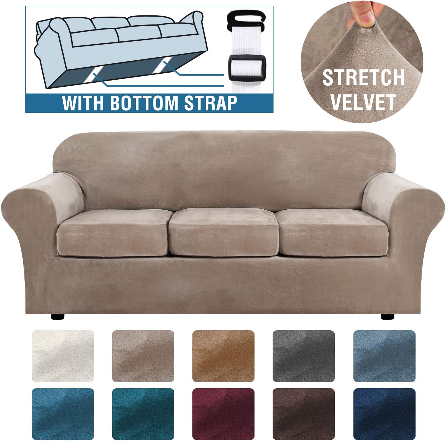 H.VERSAILTEX Modern Velvet Plush 4 Piece High Stretch Sofa Slipcover Strap Sofa Cover Furniture Protector Form Fit Luxury Thick Velvet Sofa Cover for 3 Cushion Couch, Machine Washable(Sofa,Ivory): Kitchen & Dining