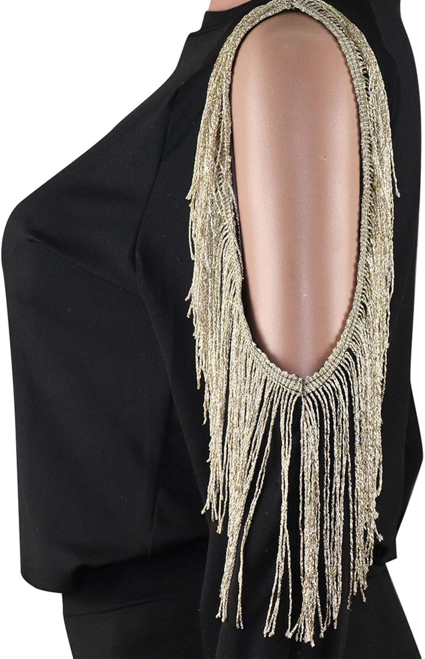 Womens 2 Piece Tracksuit Tassel Cold Shoulder Long Sleeve Pullover Top Skinny Pants Set