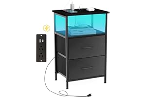 Innerjoin Nightstand with Charging Station, LED Nightstand with 2 Drawers & Storage Shelf, Bed Stand End Table for Bedroom, Side Table with Fast Charging USB A&C Ports, Black