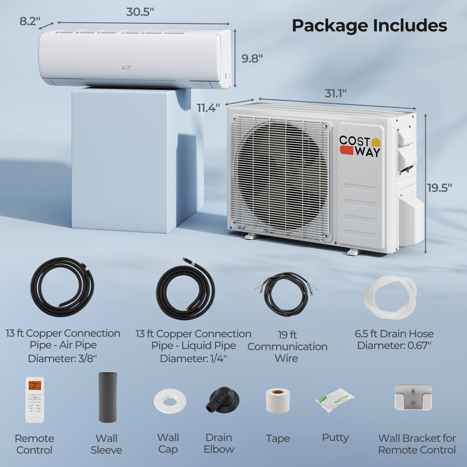 COSTWAY 11500 BTU Mini Split Air Conditioner, 115V 17 SEER2 Wifi Enabled Inverter Air Conditioner & Heater Pump System Cools Up to 750 Sq. Ft, Compatible with Alexa, w/Installation Kit