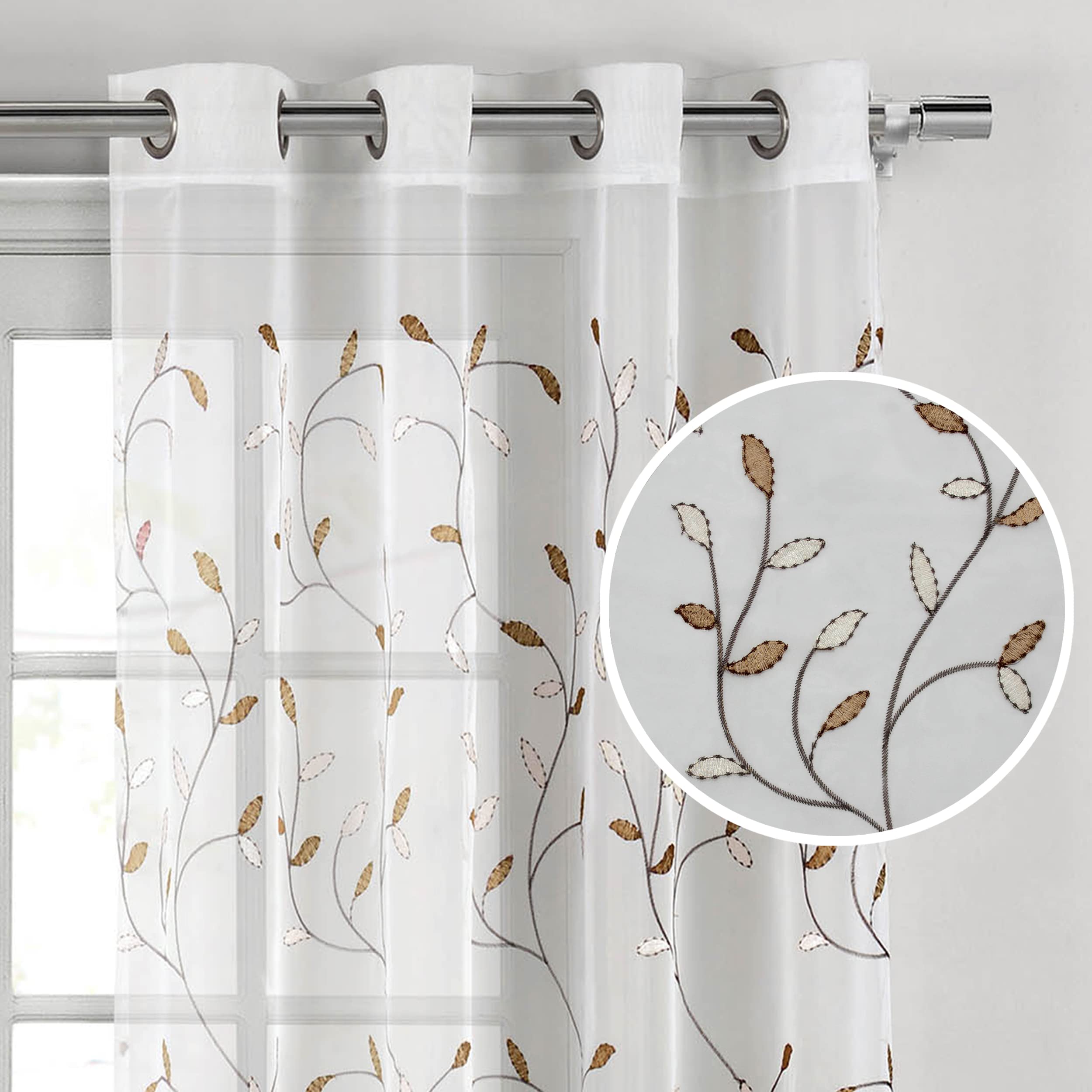 Creative Home Ideas Wavy Leaves Embroidered Sheer Extra Wide 54" x 84" Grommet Curtain Panel, Chocolate