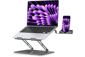 NTMY Laptop Stand for Desk with Phone Holder, Aluminum Adjustable Laptop Stand Foldable Ergonomic Laptop Riser for MacBook Air Pro, Dell XPS, HP(10-16'')-Grey