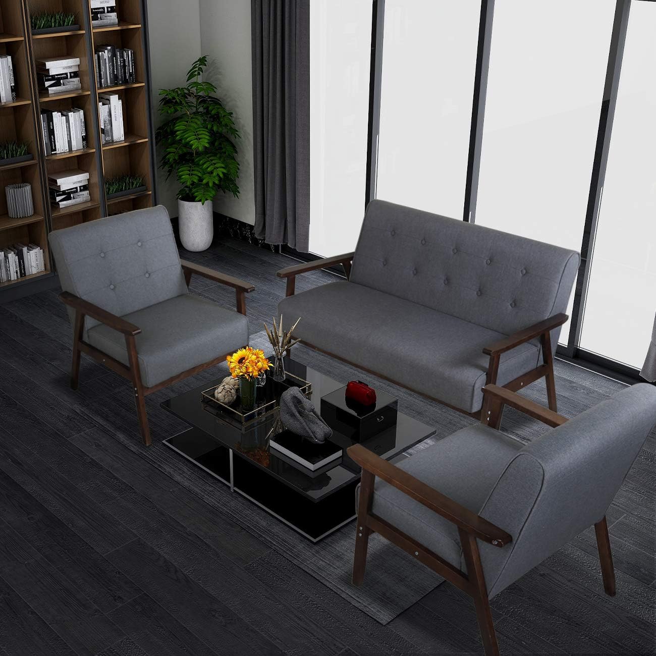 Amazon Com Jiasting Mid Century 1 Loveseat Sofa And 2 Accent Chairs Set Modern Wood Arm Couch And Chair Living Room Furniture Sets 8428 Grey Set Furniture Decor