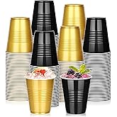 KesaPlan 100 PCS 12 OZ Plastic Cups, Party Cups Black and Gold Cups Disposable Drinking Cup Bulk For Christmas Graduation Wedding Birthday Halloween New Year Family Gathering Festive Celebrations