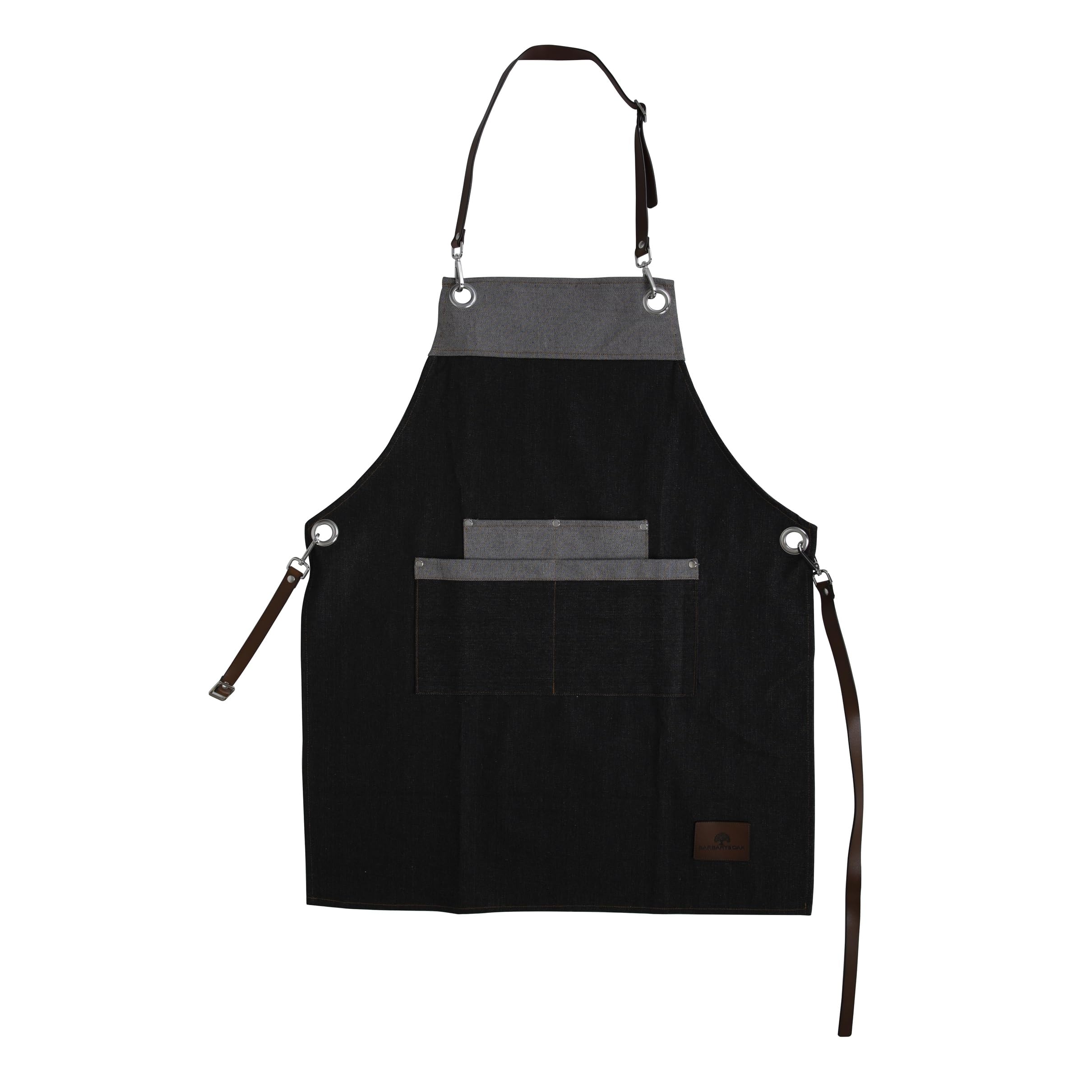 BO877000 Barbary & Oak Denim Apron with Leather Details, Adjustable Straps, 4 Pockets, Blue