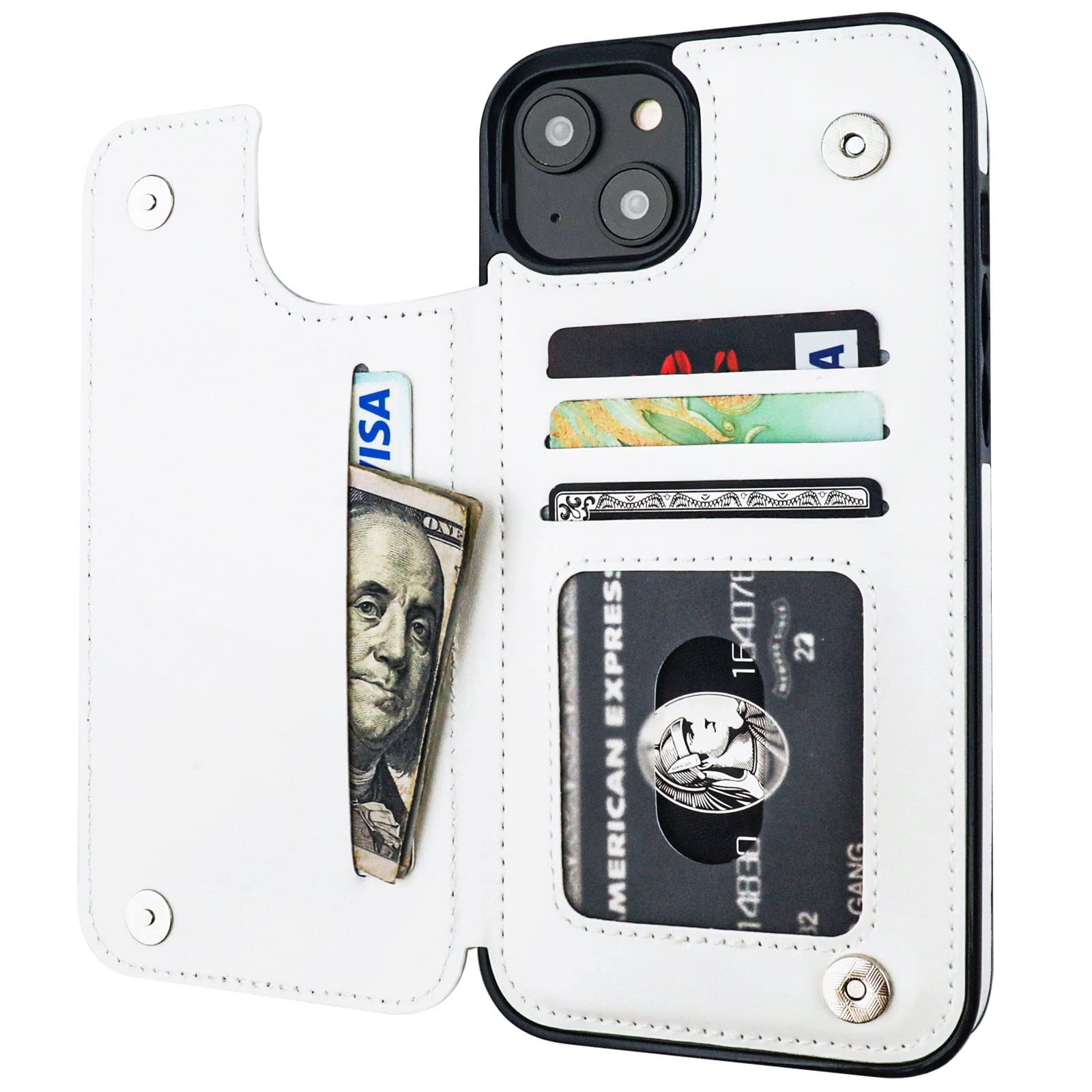 ONETOP Compatible with iPhone 14 Plus Wallet Case with Card Holder, PU Leather Kickstand Card Slots Case, Double Magnetic Clasp and Durable Shockproof Cover 6.7 Inch (White)