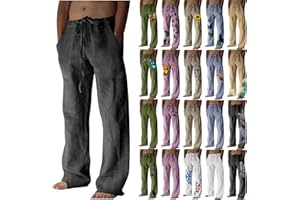 Dgoopd Men's Cotton Linen Pants Casual Elastic Waist Drawstring Pants Straight Leg Yoga Pants Lightweight Summer Beach Pants