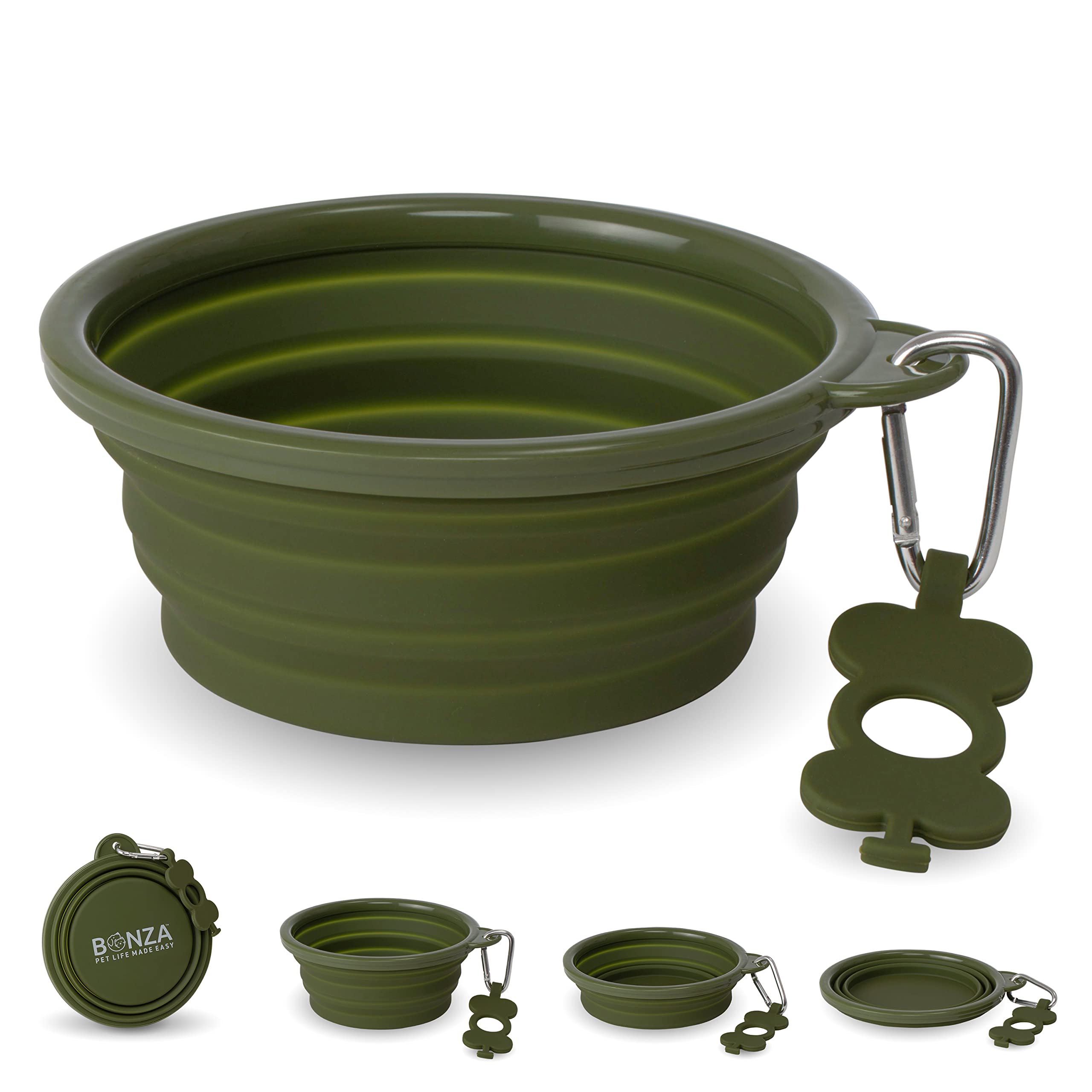 Bonza Large Collapsible Dog Bowl 1000 mL, Sturdy Reinforced Rim, Includes Carabiner & Water Bottle Holder Keychain, Moss Green
