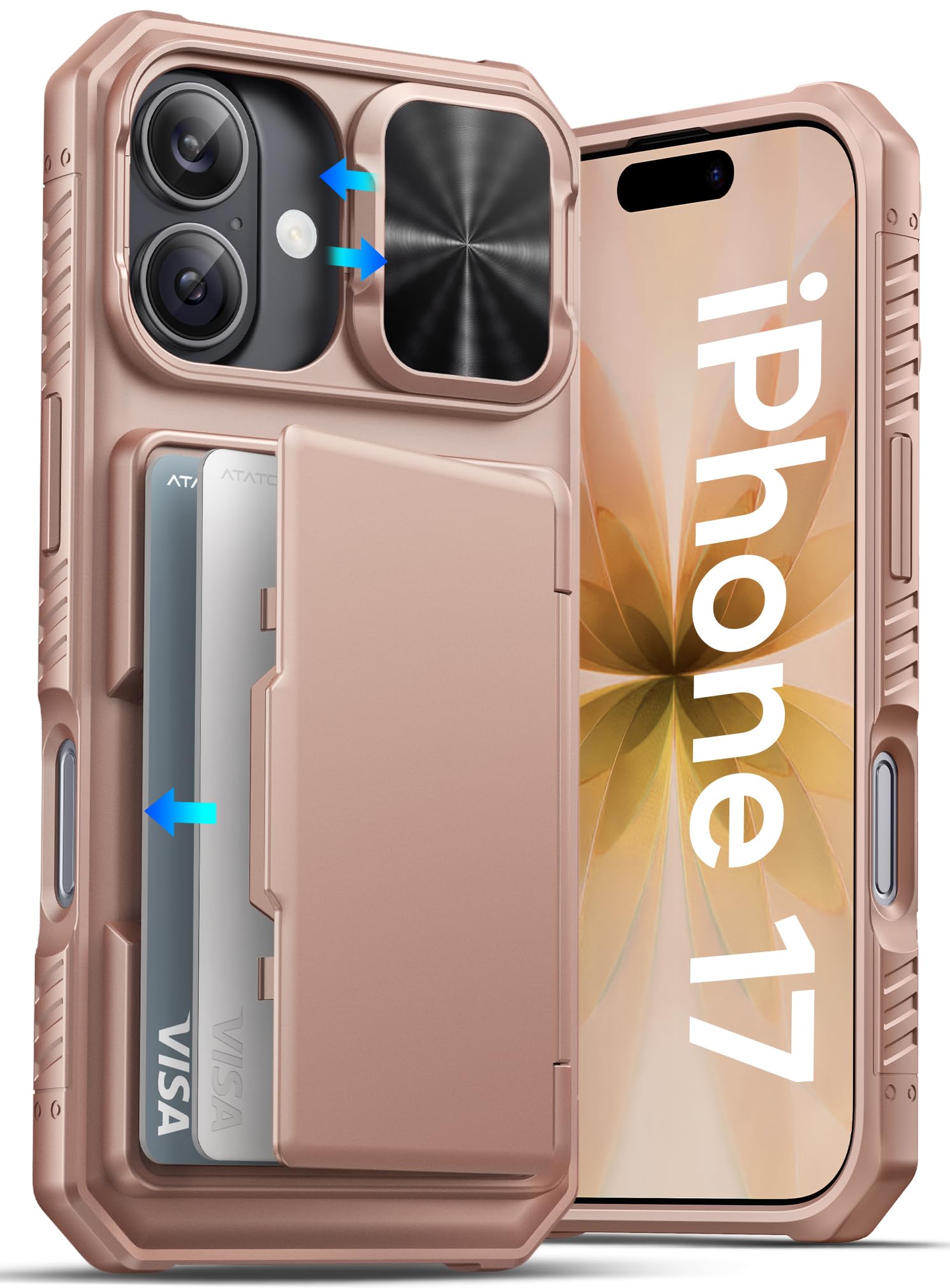 Photo 1 of ATATOO for iPhone 17 Case with Card Holder (Store 3-5 Cards) & [RFID Blocking] & Slide Lens Cover, Military Grade Protection, Silicone Protective Wallet Cover Case for iPhone 17 6.3" 2025, Rose Gold