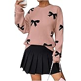 Pinclodly Bow Sweater Women Long Sleeve Crewneck Cute Sweaters Casual Vintage Sweater with Bow Winter Oversized Sweaters