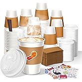 BIBBOO 12 oz Disposable Coffee Cups with Lids, Sleeves and Stirrers 100 Pack, Hot Cups with Lids, Leak-Proof To Go Cups for Hot Chocolate, Cocoa, Office, Coffee Bar Accessories