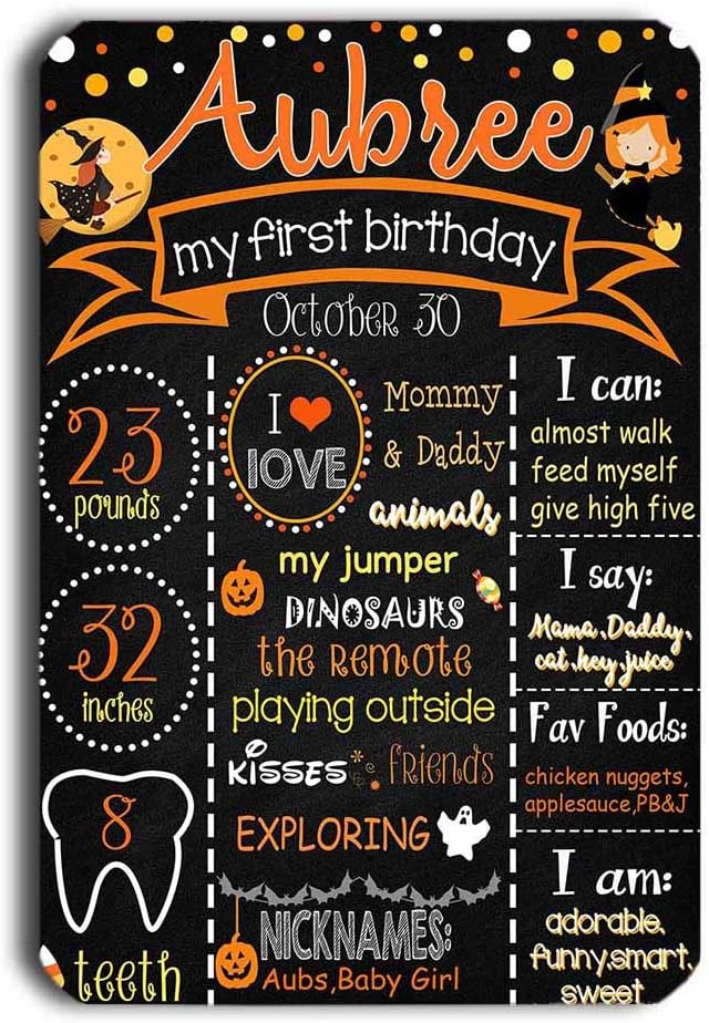 TJ Halloween Theme Chalkboard Style Metal Sign Tin Pumpkin Witch Baby Shower Kids Birthday Party Reusable Easy Clean Sign Wall Decoration Signs 8'' x 12''- Customizable with Liquid Chalk Markers