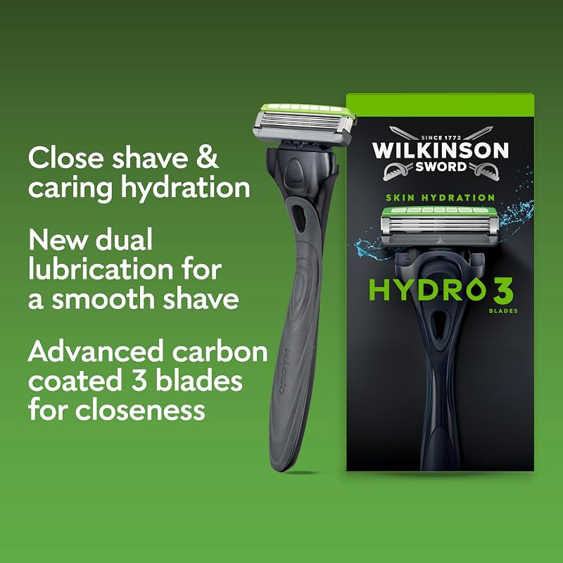 Hydro 3 cuchillas de afeitar para hombre, doble lubricación, cuchillas con revestimiento de carbono, paquete de recambio de afeitadora para hombre, 8 recambios de maquinilla de afeitar