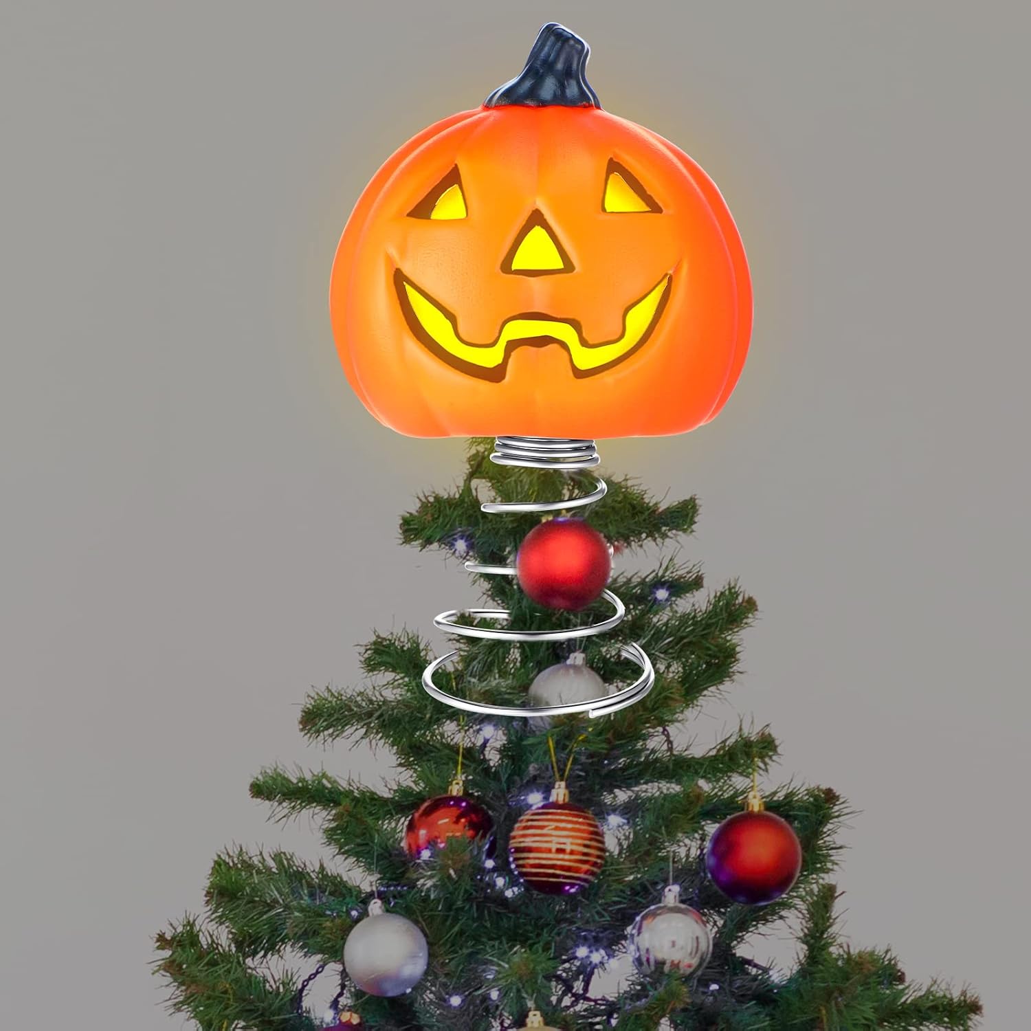 Tree Toppers - Halloween Pumpkin Christmas Tree Topper with Stand and Warm White LED Lights Seasonal Tree Decorations Spooky Pumpkin Miniature Tree Topper Tabletop Halloween Decor Tree Top Decorations, 7.8 Inch