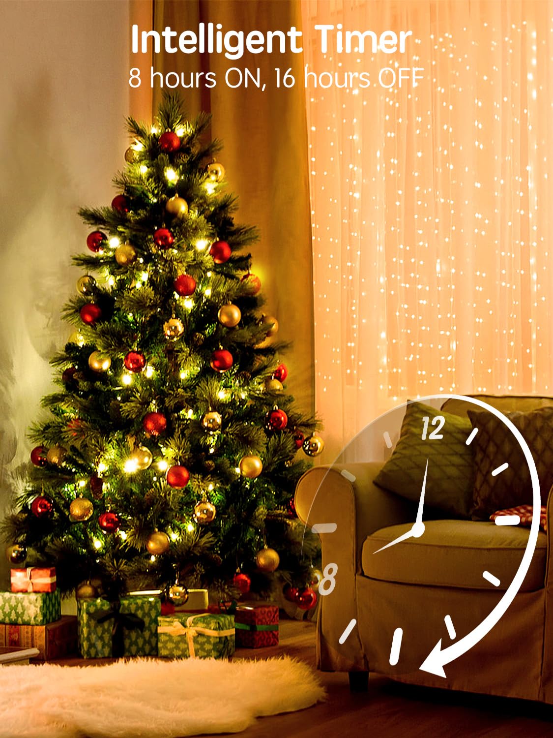 ARKOCHIC 35M Fairy Light Outdoor Christmas Lights, 300 LED Warm White Christmas Tree Lights, IP65 Waterproof 8 Modes Memory Linkable Cluster Light Indoor Outside Decorations/Garden(No Remote)