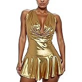 FEOYA Women Metallic Halter Mini Dress Sexy Deep V Neck Backless Clubwear Party Club Short Dresses Low Cut Dress