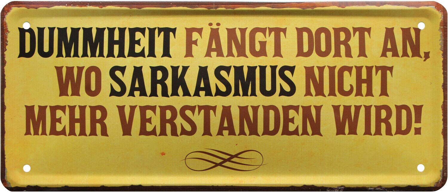 2022 Decorative Tin Sign with German Text 'Stupidheit begins there wo Sarcasm' 28 x 12 cm