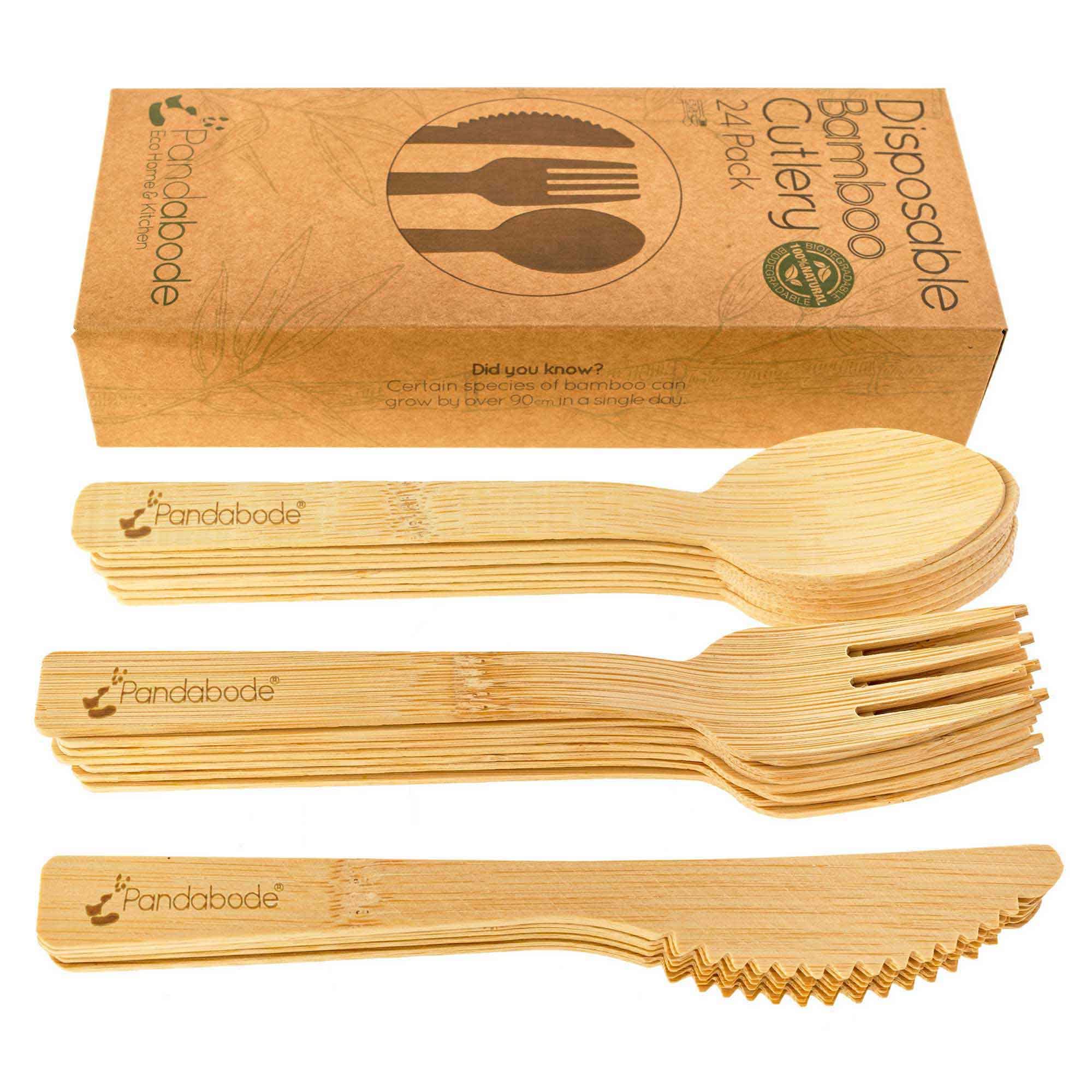 Pandabode Disposable Bamboo Wooden Cutlery Set | 24/120/300 Piece | Eco Friendly for Party Picnic and BBQ | Large Strong Biodegradable (120)