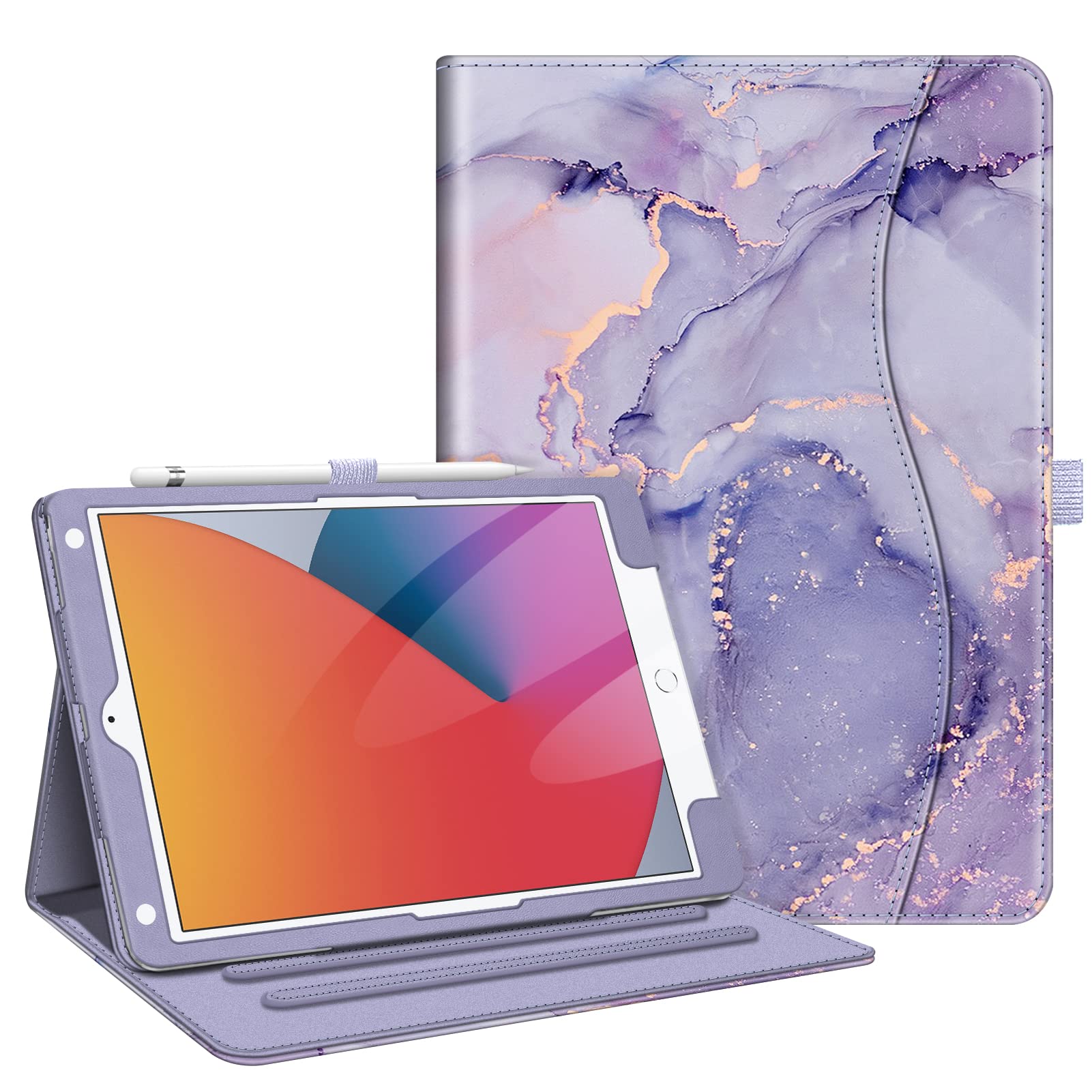 FINTIE Case for iPad 9th / 8th / 7th Generation (2021/2020/2019) 10.2 Inch - [Corner Protection] Multi-Angle Viewing Stand Cover with Pocket & Pencil Holder, Auto Wake Sleep, Lilac Marble