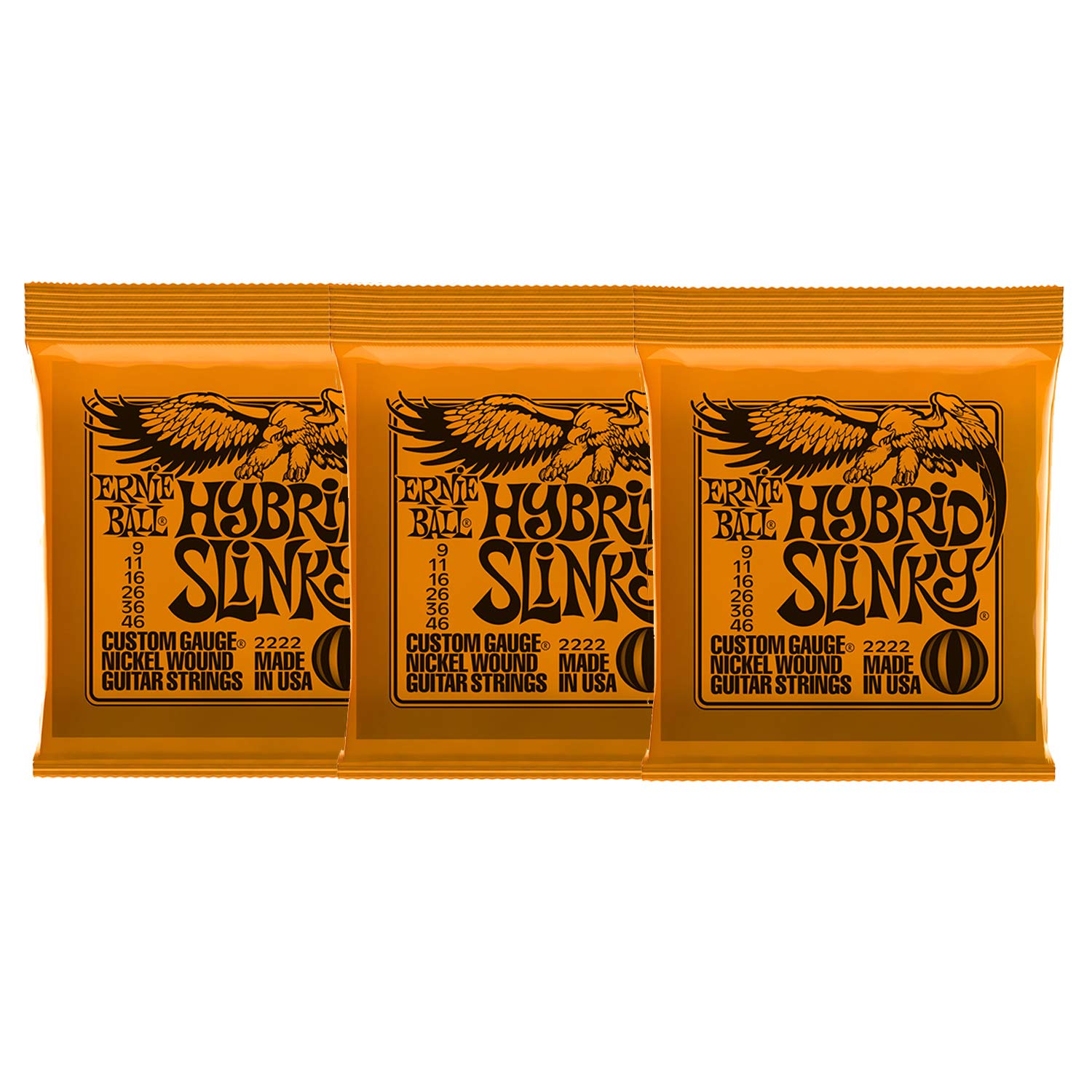 Ernie Ball 2222x3 Hybrid Slinky Nickel Wound Sets.009 - .046, Bundle of 3 Sets, Orange