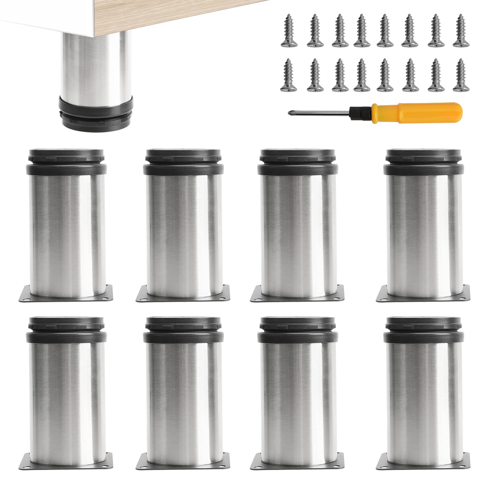 Toolzia 8Pcs Furniture Legs, 4"/10cm Adjustable Furniture Support Feet,Adjustable Height Replacement Support Feet Legs for Sofa Table Chair Desk Kitchen Cupboard Cabinets Legs Feet (Silver)