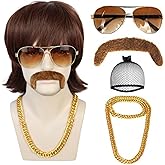ANOGOL Wig Cap+5pcs Set Disco Wig Men Dark Brown 70S Wigs Shaggy 1970S Outfit Men 80S Flipped Ends with Bangs Retro Halloween Costume Party (Glasses+Chain+Mustache)