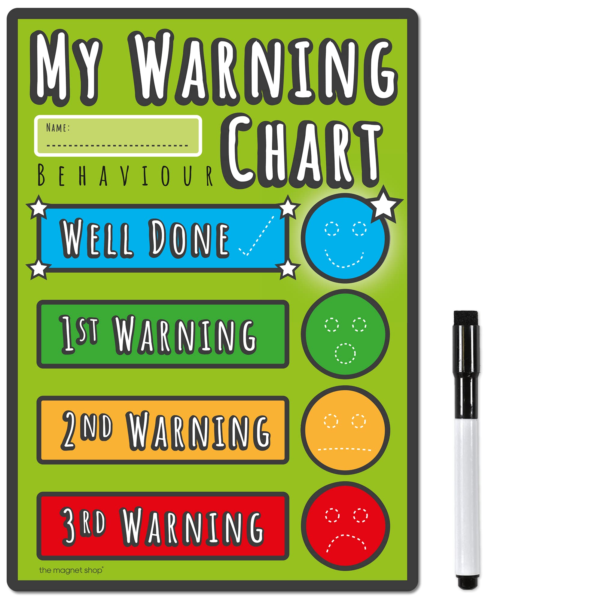 TMS Behaviour Warning Chart and Reward Chart for Children - Dry Wipe Magnet with Colour in Stars and a Magnetic Dry Erase Pen for Toddlers, Kids, Boys, Girls (Green, A5 Warning Chart)