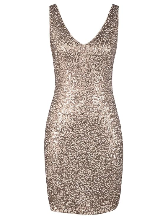 PrettyGuide Damen Pailletten Cocktailkleid V-Ausschnitt Bodycon Funkeln Partykleid Champagner S/EU36-38