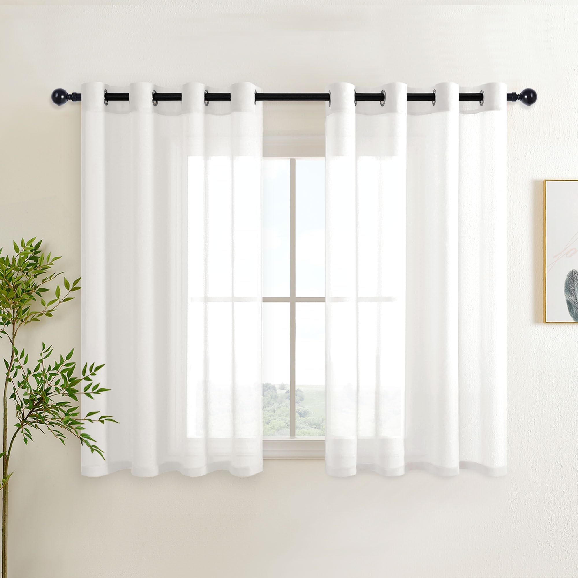 DWCN White Sheer Curtains Textured Semi Transparent Eyelet Top Decorative Voile Curtain for Living Bedroom, 52" Wide x 63" Drop, 2 Panels