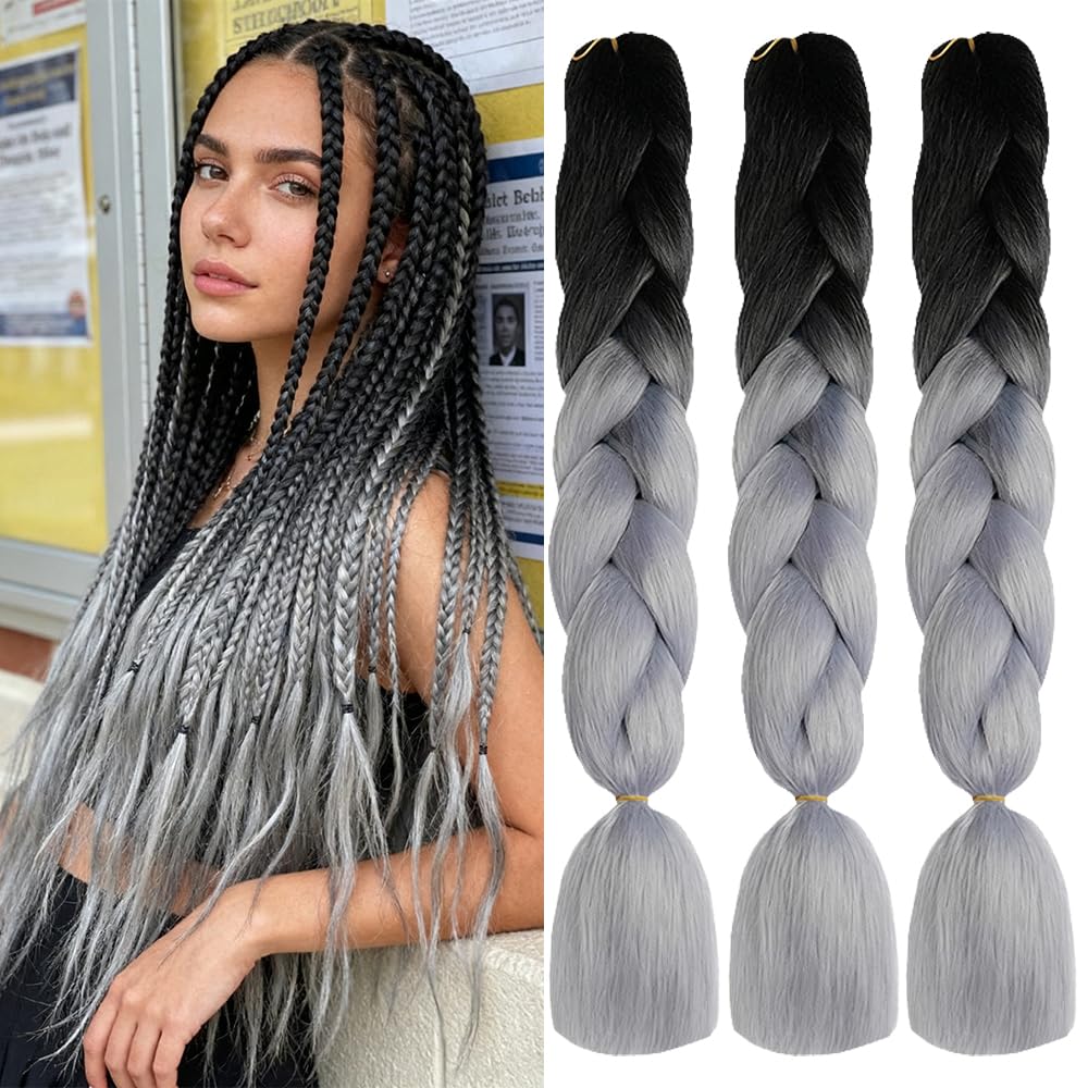 ShowJarlly Box Braid Hair Extensions, 24inch Black/Silver ​Ombre Jumbo Braid Hair, 3Packs Synthetic Jumbo Braiding Hair Extension Afro Hair Extensions for Braiding Crochet Twist Braids — image 1